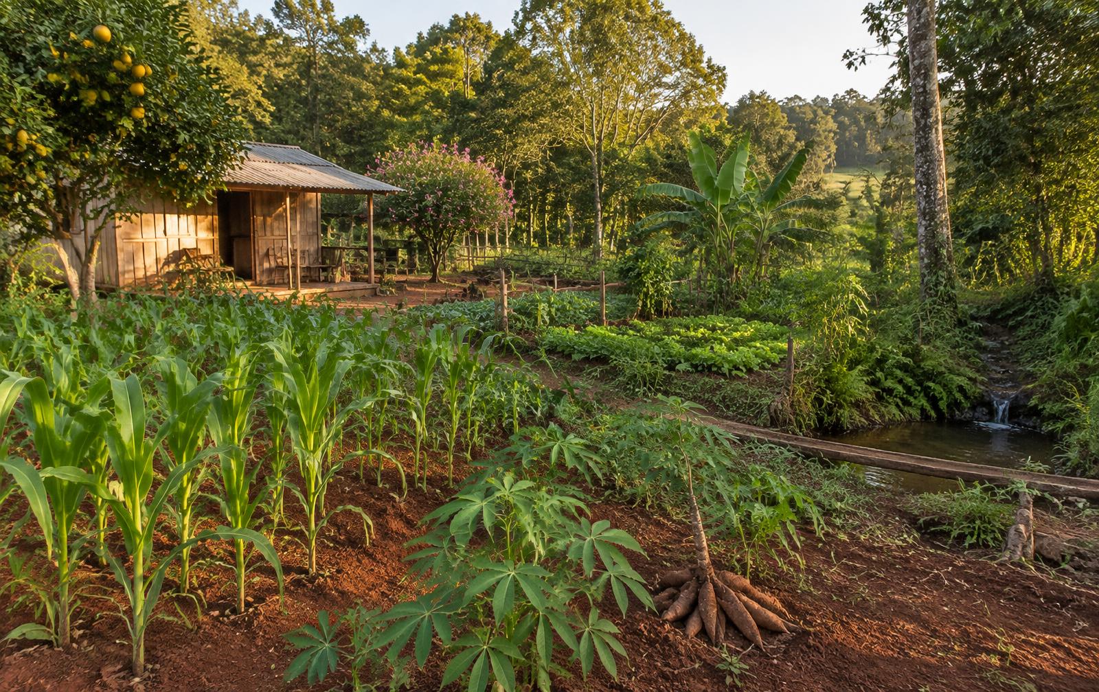 Finca campesina con cultivos diversos, bosque y naciente